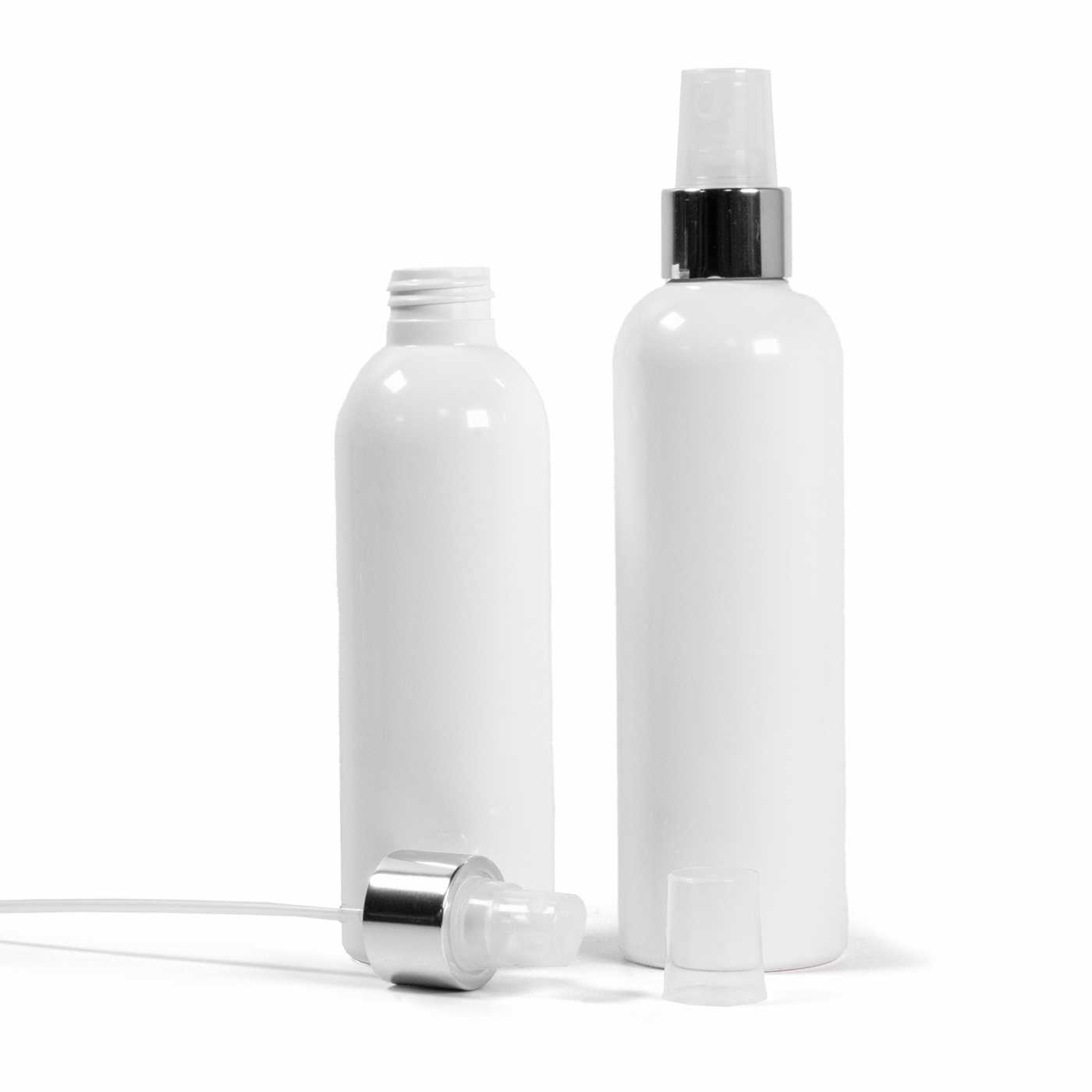 Butelka plastikowa biała, atomizer przezroczysty, srebrna błyszcząca obręcz, 200 ml