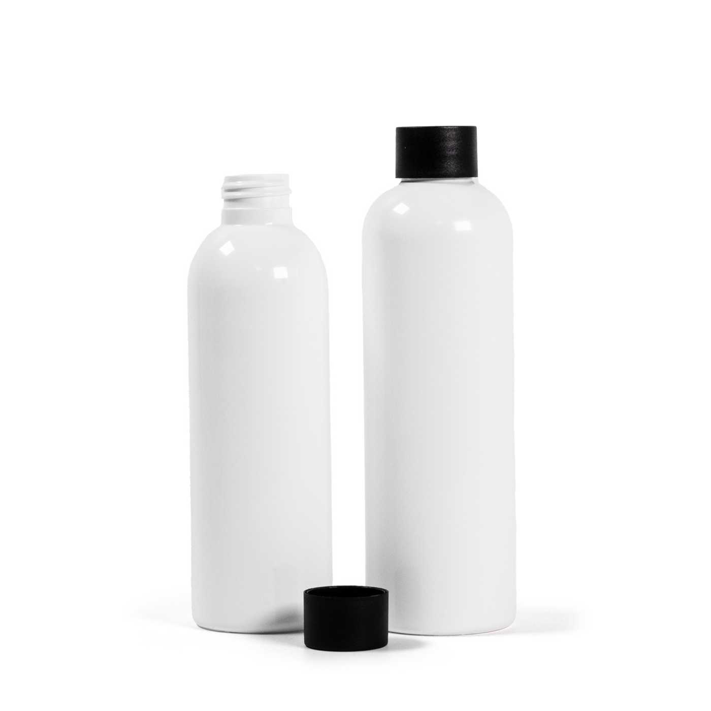 Plastová fľaša biela, matný čierny vrchnák, 200 ml