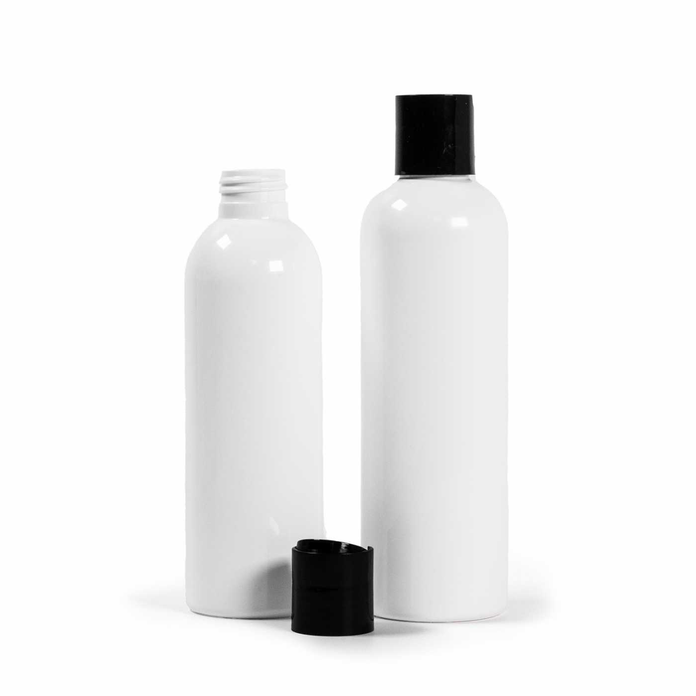 Bouteille en plastique blanche, bouchon disc-top noir, 200 ml