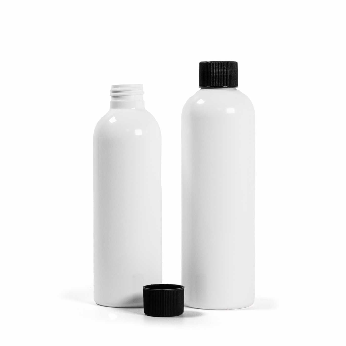 Plastová fľaša biela, čierny vrúbkovaný vrchnák, 200 ml