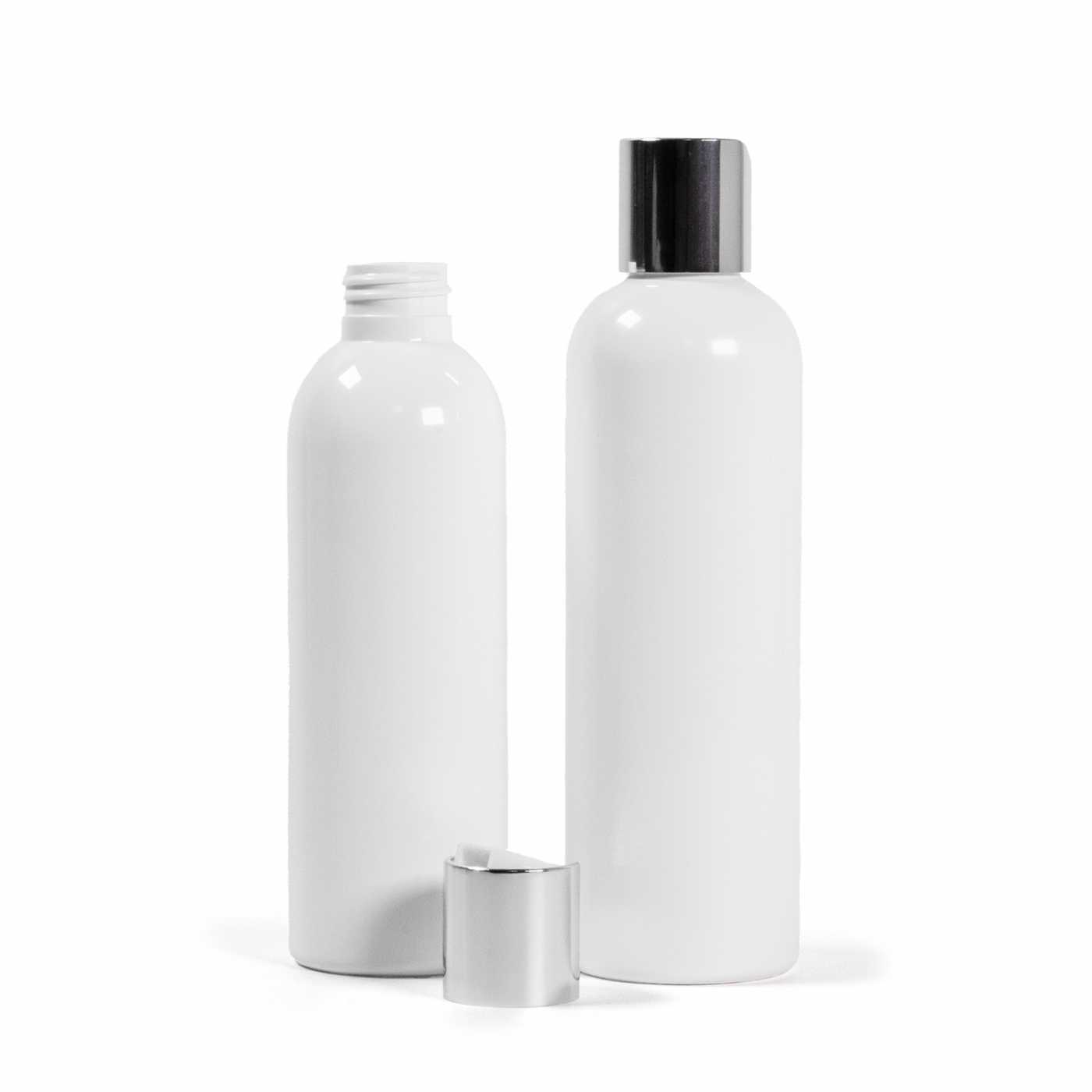 Bouteille en plastique blanche, bouchon flip-top argenté, 200 ml