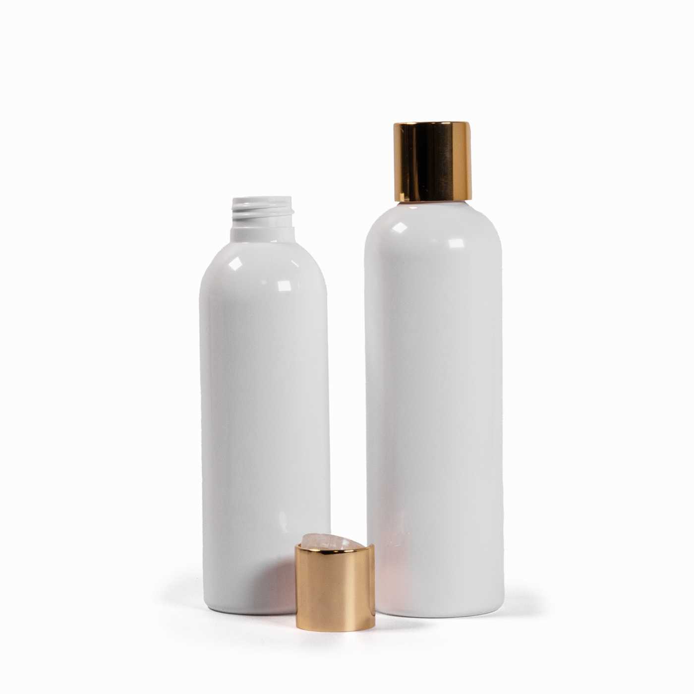 Bouteille en plastique blanche, bouchon flip-top doré, 200 ml