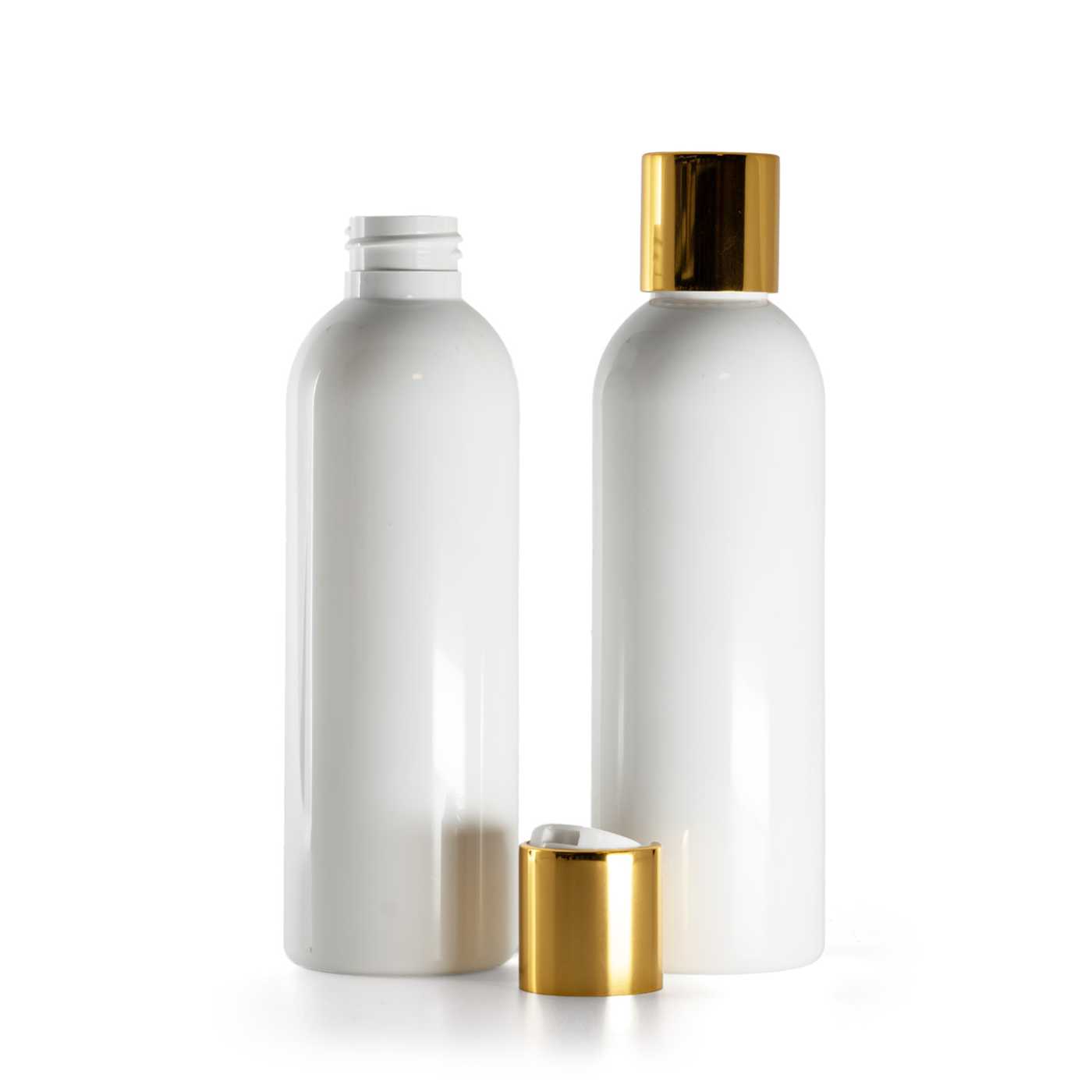 Butelka plastikowa biała, biały disc top ze złotym pierścieniem aluminiowym, 200 ml