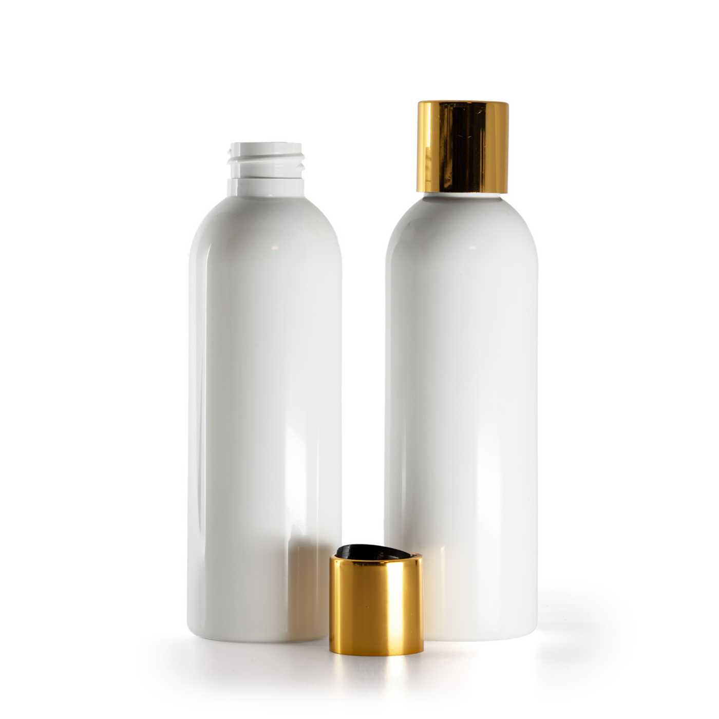 Butelka plastikowa biała, czarny disc top ze złotym pierścieniem aluminiowym, 200 ml