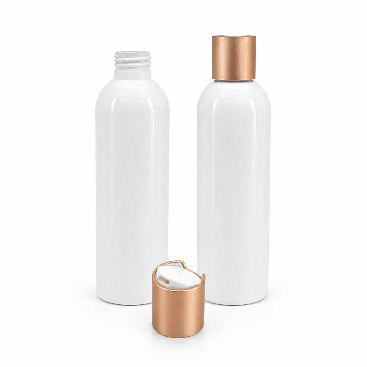Plastová fľaša, biela, disc top vrchnák, ružovo-zlatý matný, 200 ml