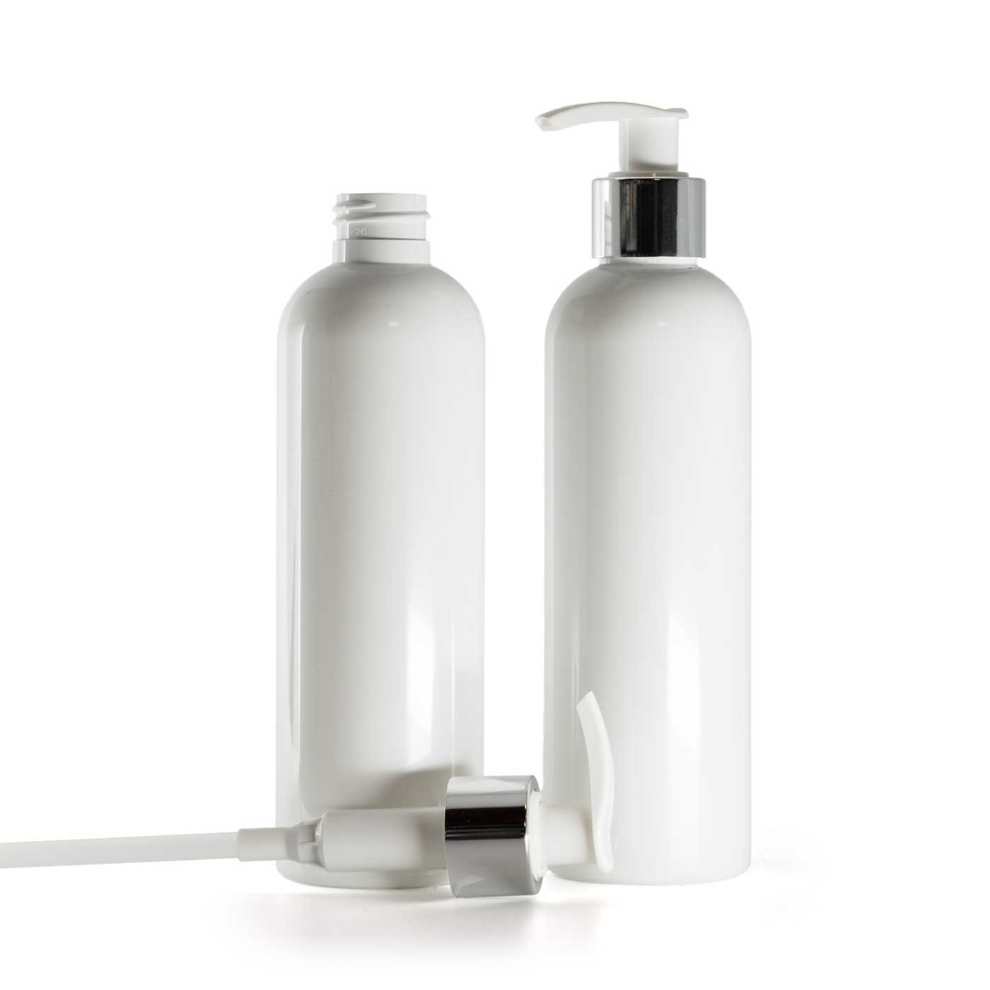 Flacon en plastique blanc, pompe blanche avec collerette argentée brillante, 250 ml