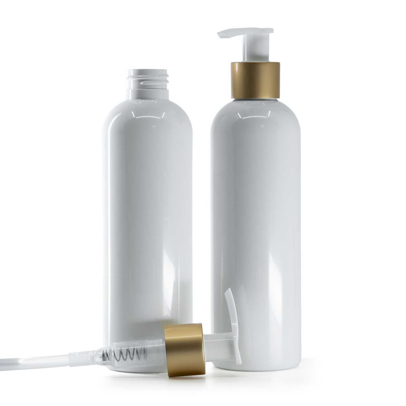 Plastová fľaša biela, bielo-zlatý matný dávkovač, 250 ml