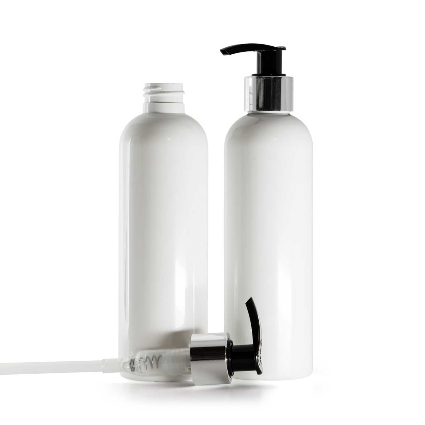 Plastová fľaša biela, čierno-strieborný dávkovač, 250 ml