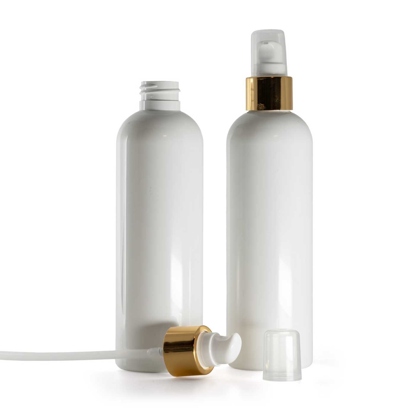 Butelka plastikowa biała, biała pompka z kapturkiem, biało-złota błyszcząca, 250 ml
