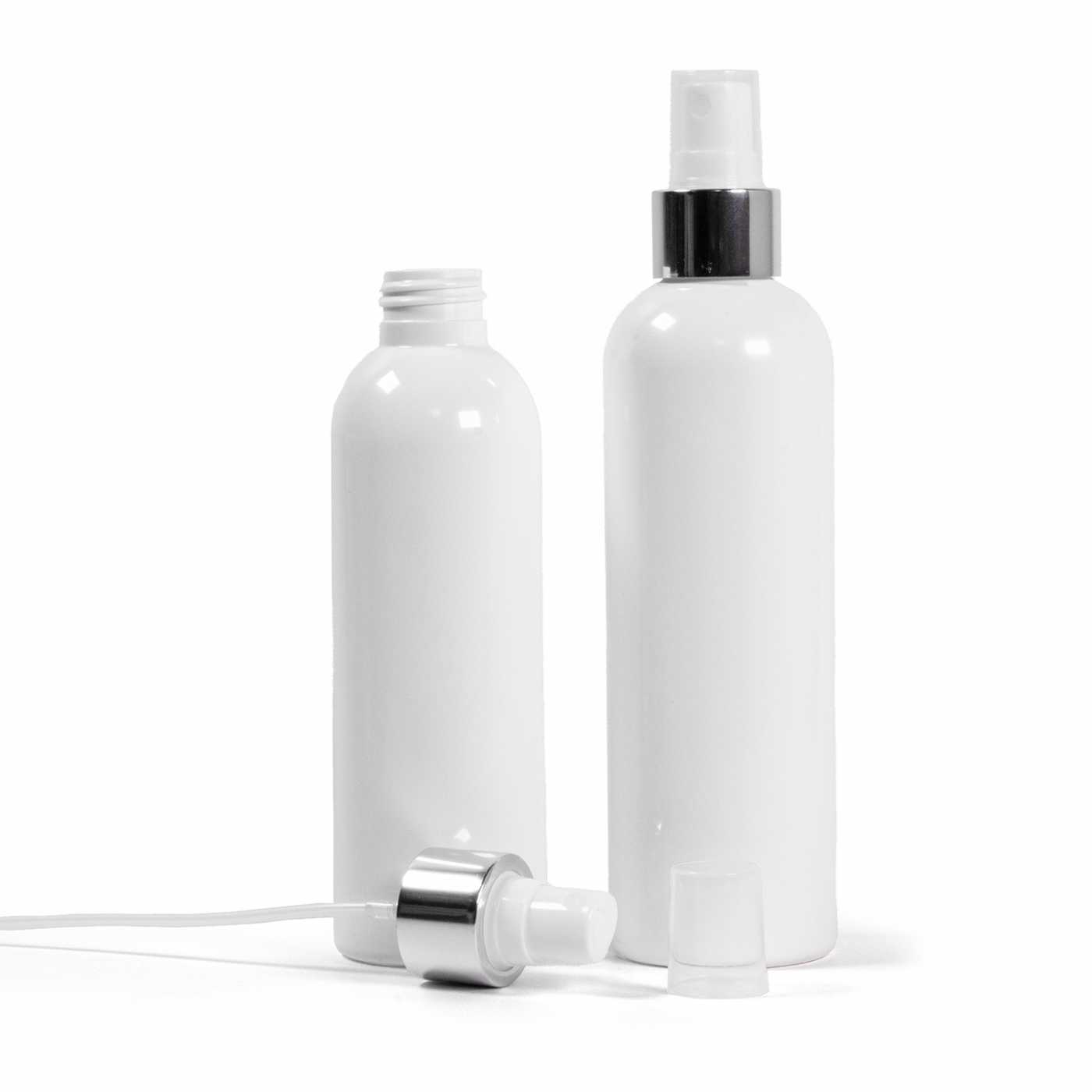 Plastová fľaša biela, biely rozprašovač, strieborná lesklá obruč, 250 ml