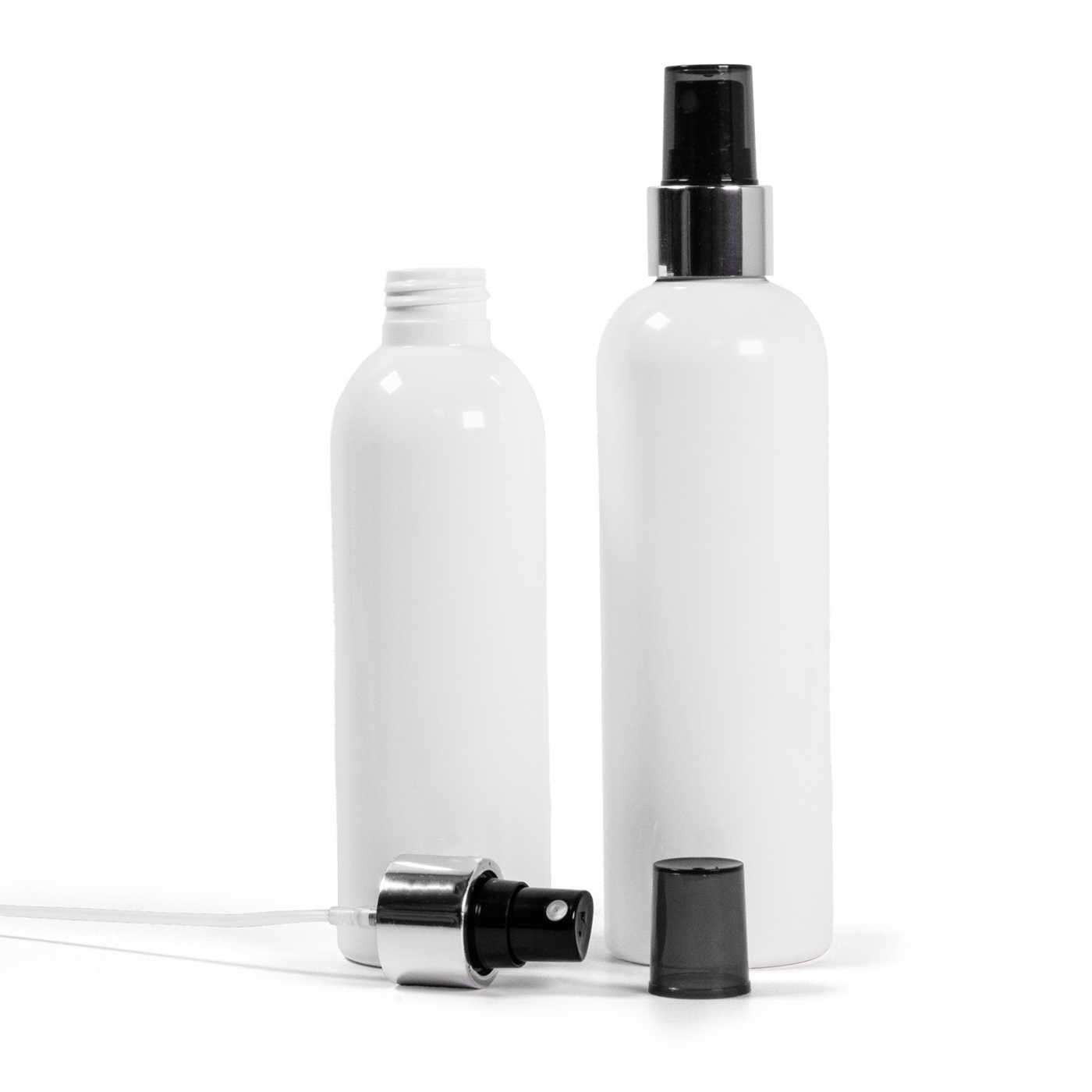 Butelka plastikowa biała, atomizer czarny, srebrna błyszcząca obręcz, 250 ml