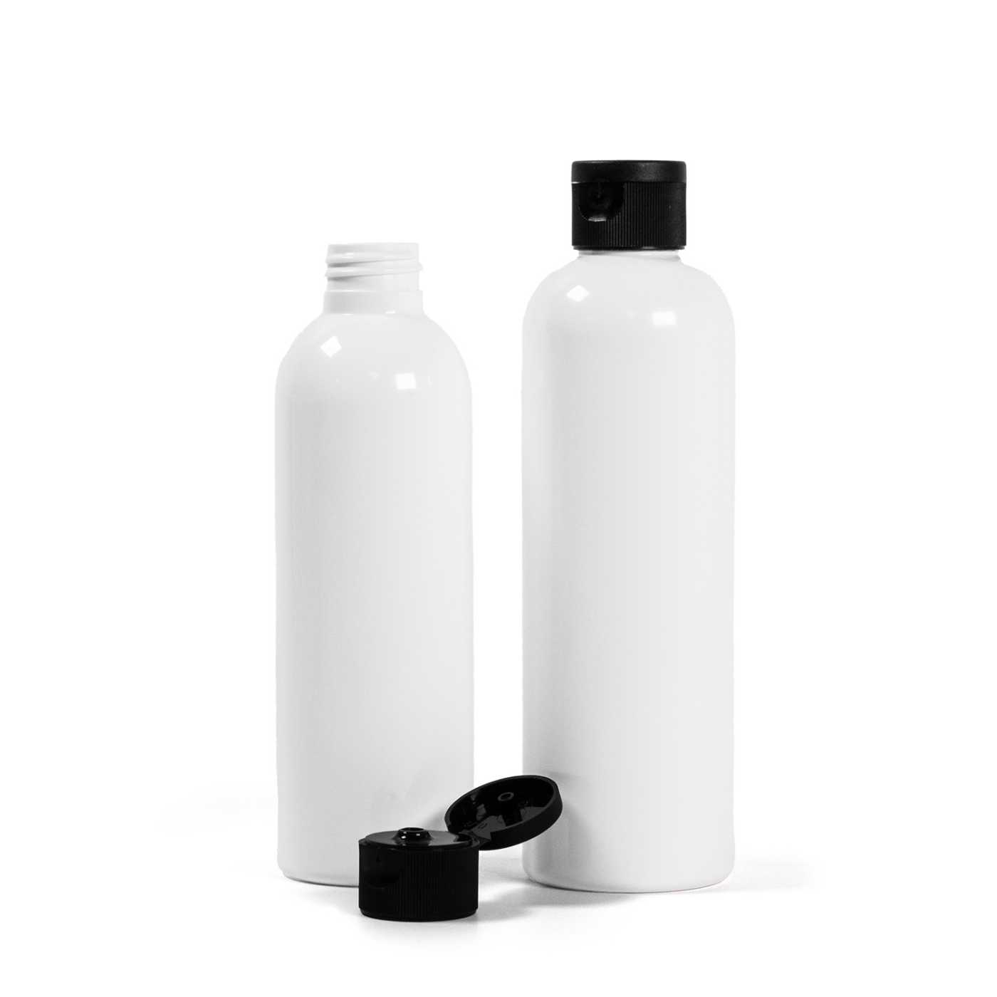 Bouteille en plastique blanche, bouchon flip-top noir, 250 ml