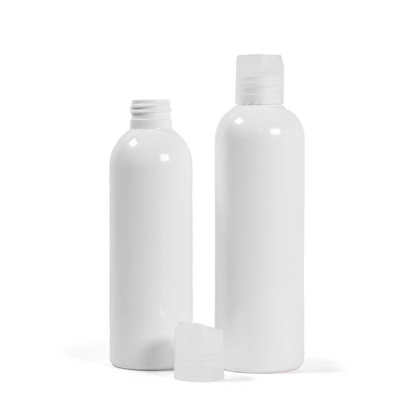 Bouteille en plastique blanche, bouchon disc-top transparent, 250 ml