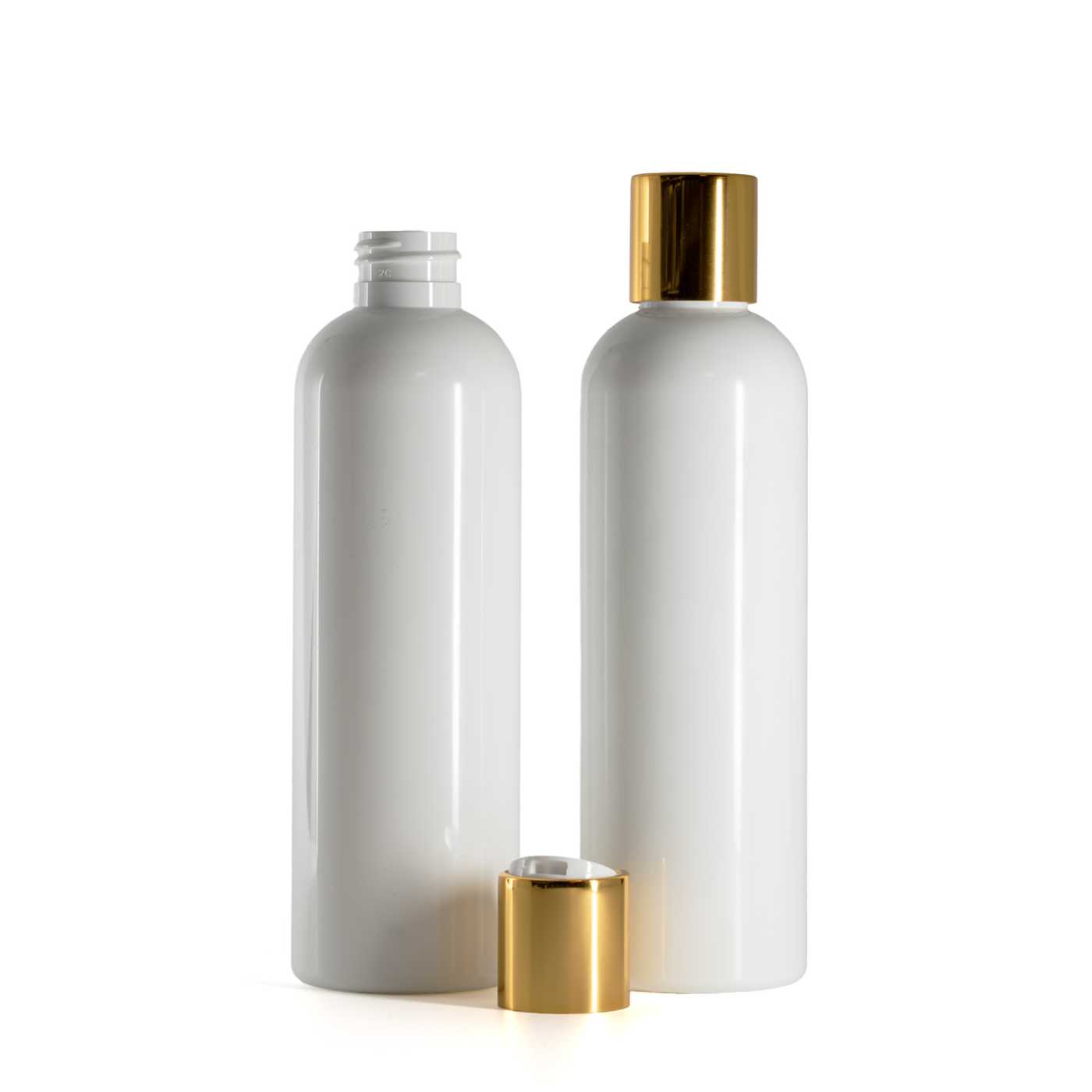 Butelka plastikowa biała, biały disc top ze złotym pierścieniem aluminiowym, 250 ml