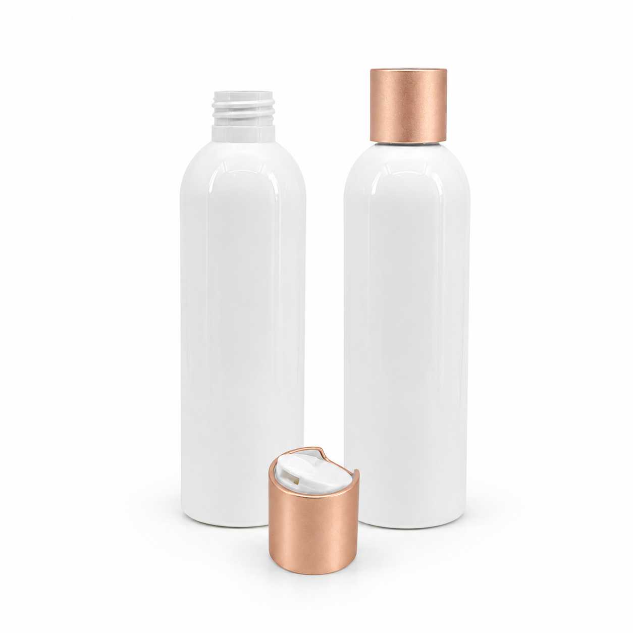 Plastová fľaša, biela, disc top vrchnák, ružovo-zlatý matný, 250 ml