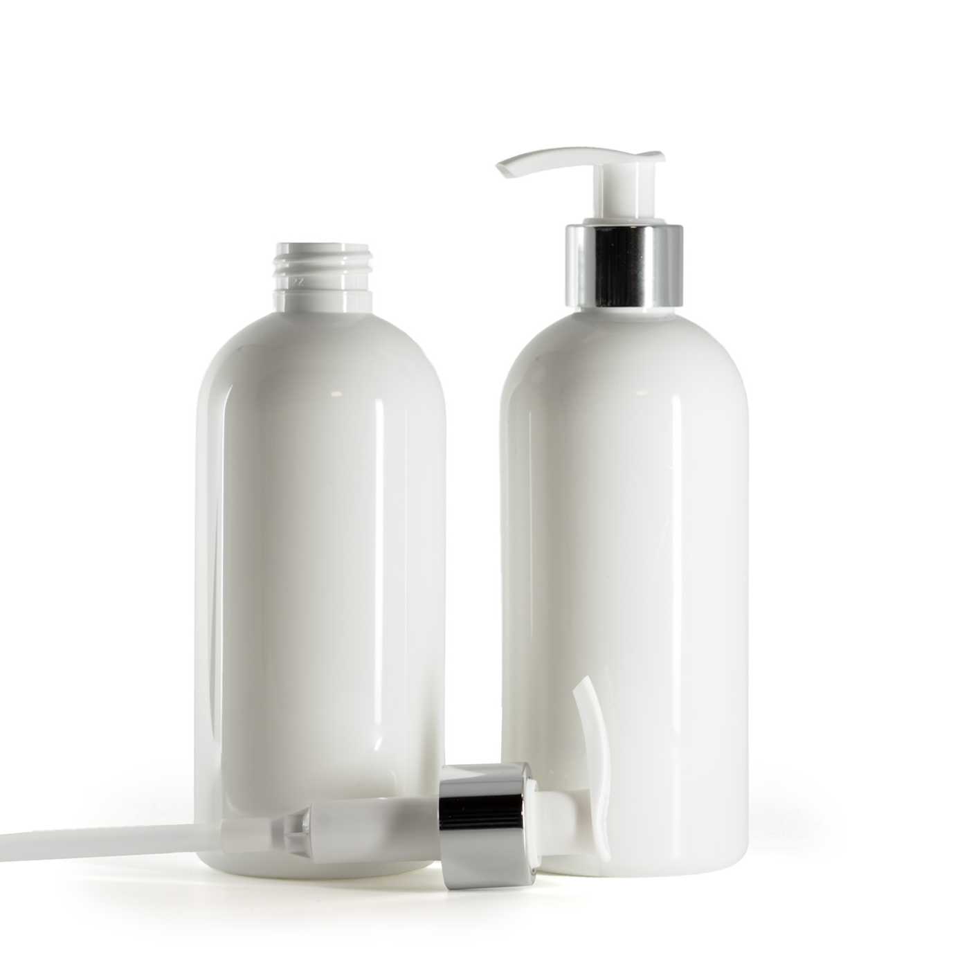 Bouteille en plastique blanche, distributeur blanc avec bague argentée brillante, 300 ml