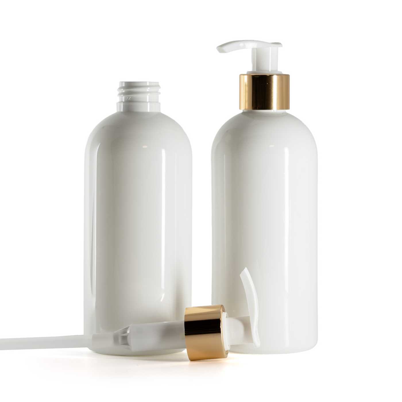 Bouteille en plastique blanche, distributeur blanc avec bague dorée brillante, 300 ml