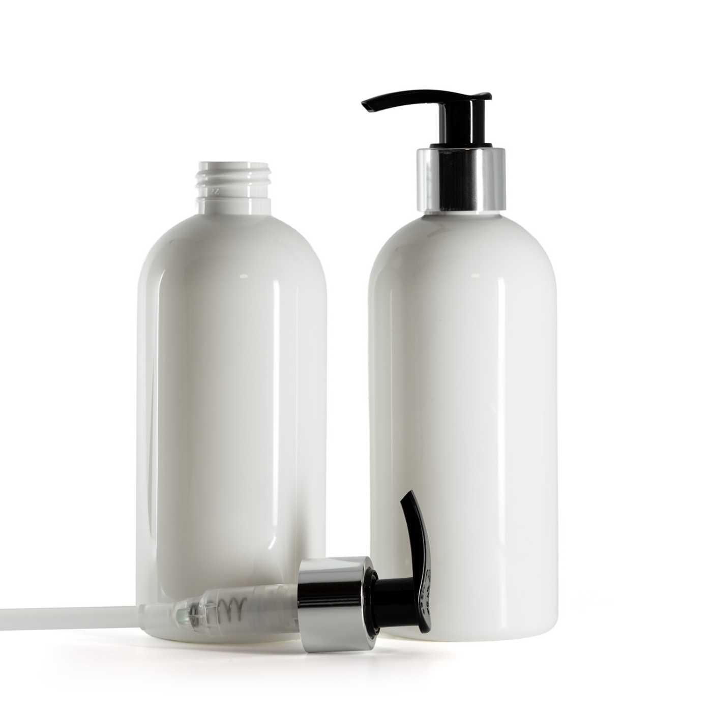 Plastová fľaša biela, čierno-strieborný dávkovač, 300 ml