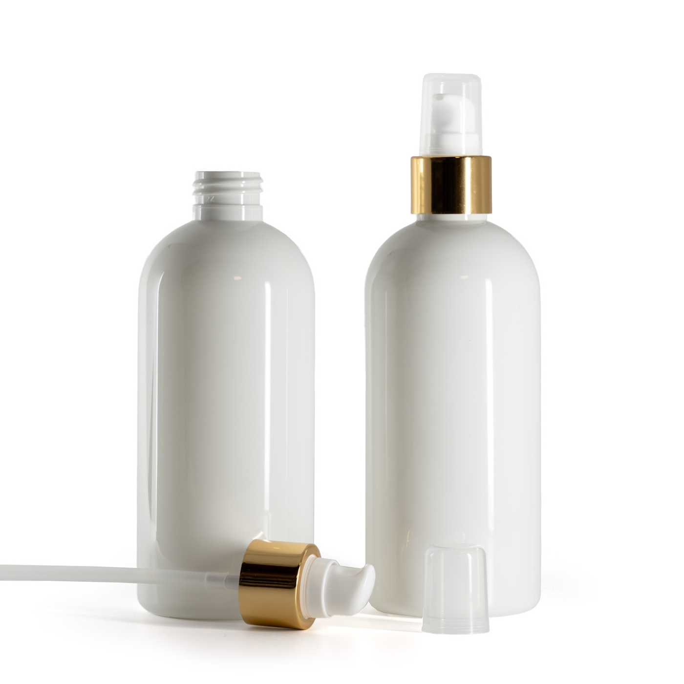 Bouteille en plastique blanche, pompe lotion blanche avec surcapuchon, doré brillant, 300 ml