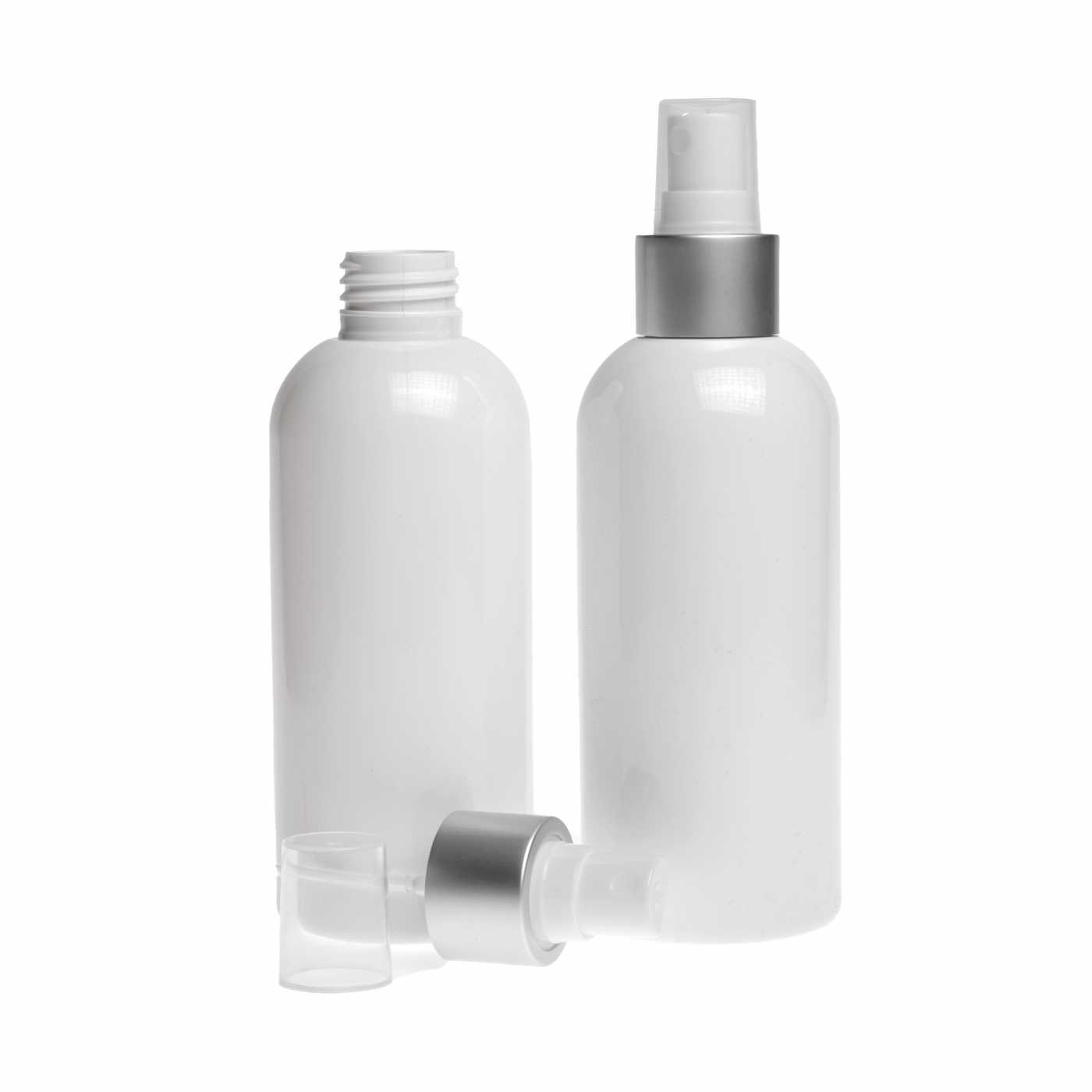 Flacon en plastique blanc, spray brume fine blanc, bague argentée mate, 300 ml