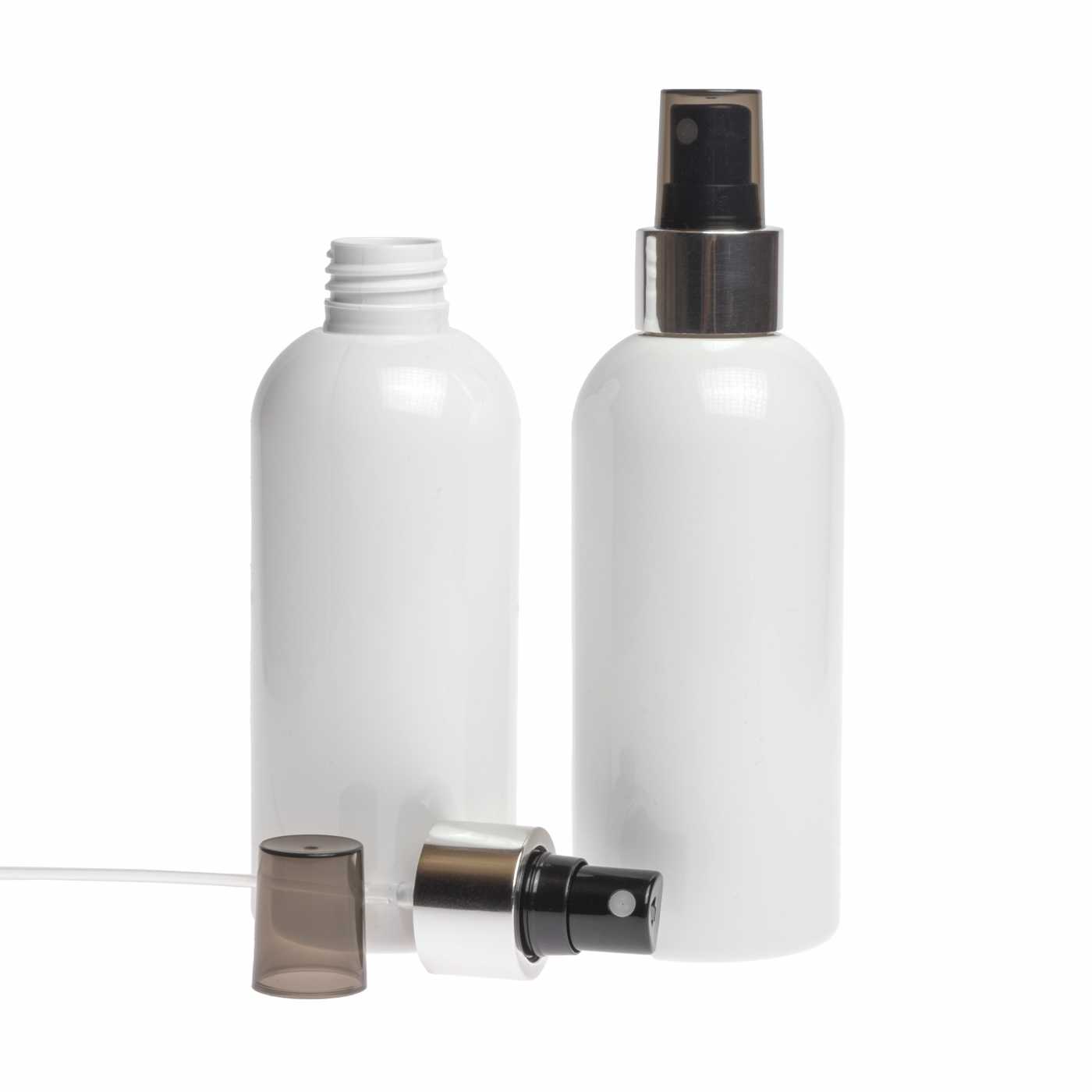 Bouteille en plastique blanche, spray noir, bague argentée brillante, 300 ml