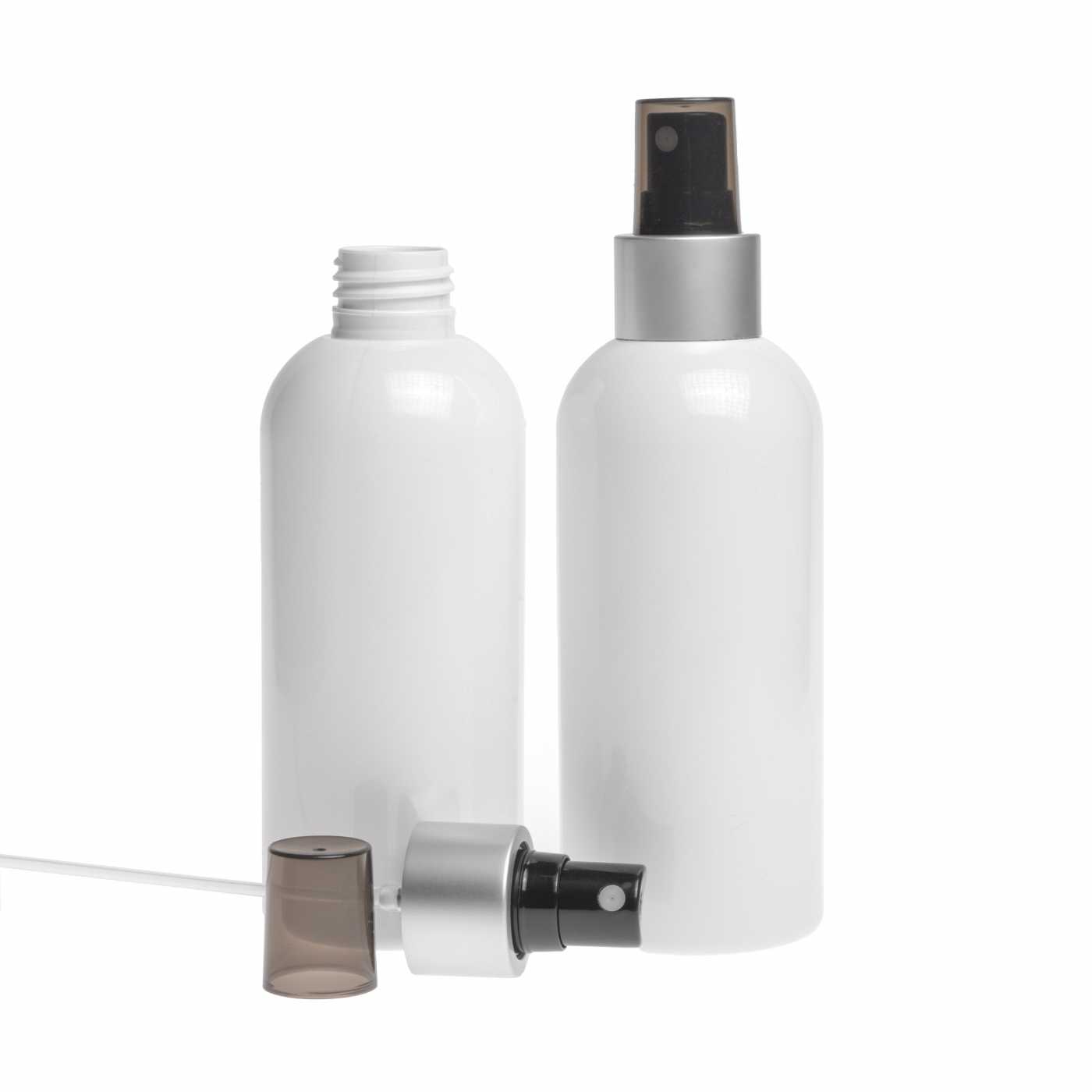 Plastová fľaša biela, rozprašovač čierny, strieborná matná obruč, 300 ml