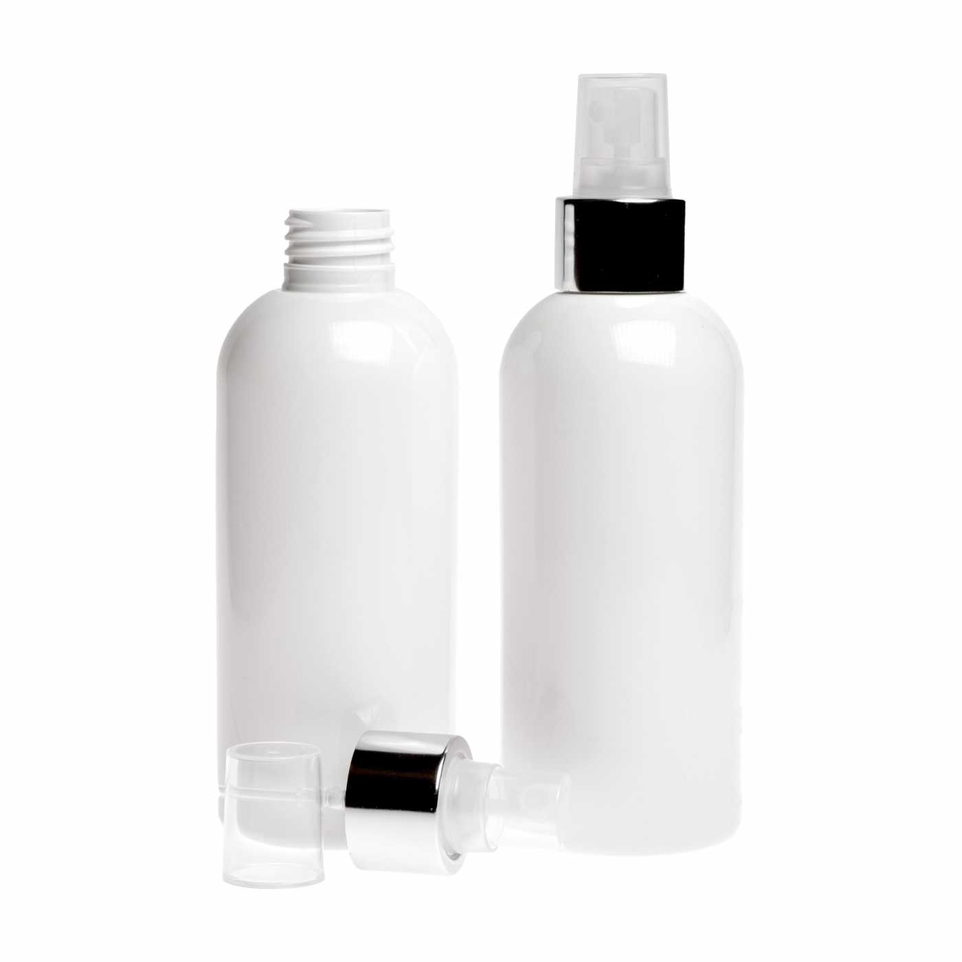 Flacon en plastique blanc, spray brume fine transparent, bague argentée brillante, 300 ml