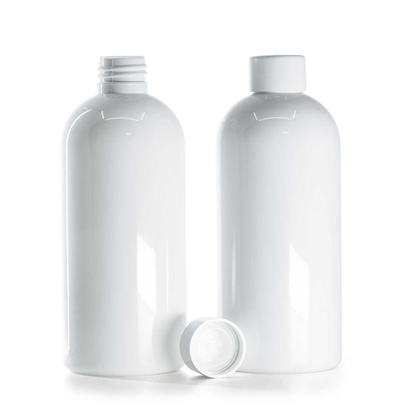 Bouteille en plastique blanche, bouchon blanc lisse avec réducteur, 300 ml