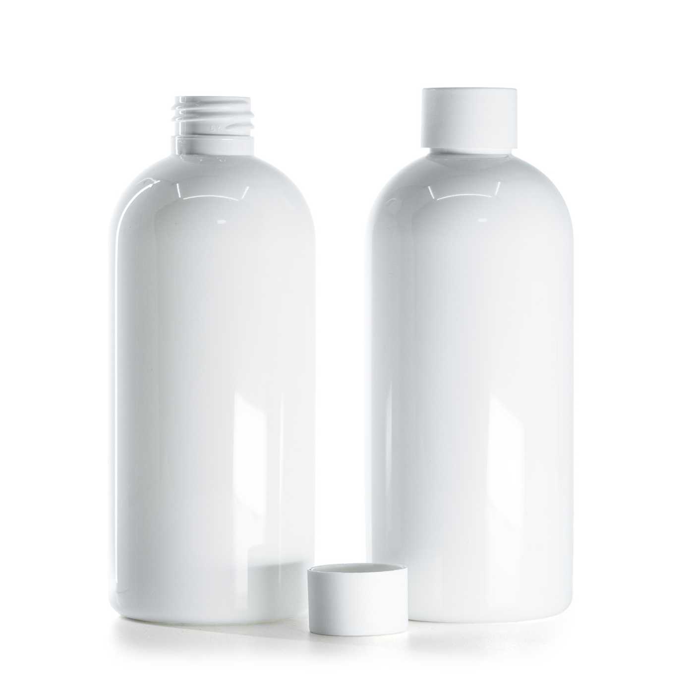 Bouteille en plastique blanche, bouchon blanc mat, 300 ml