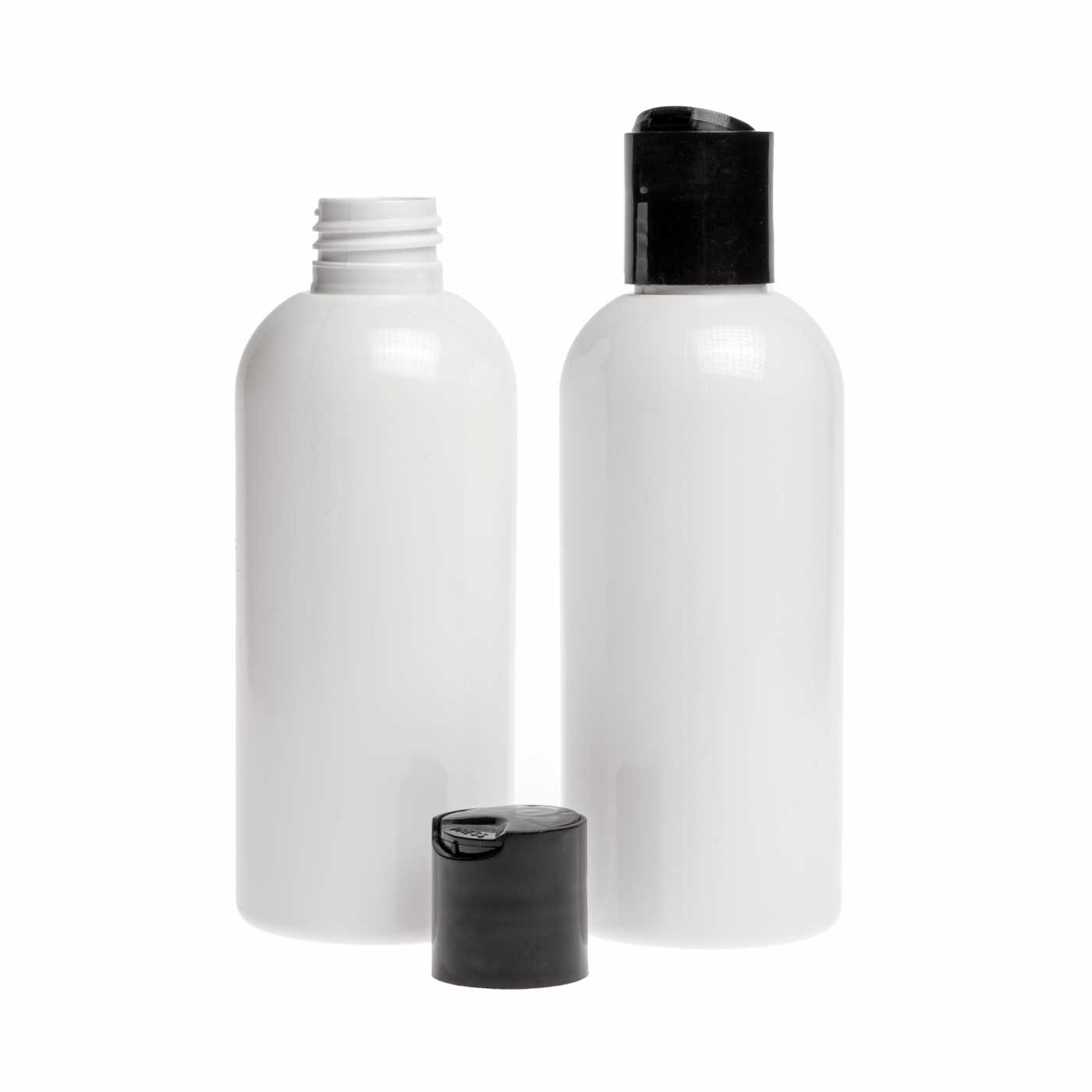 Bouteille en plastique blanche, bouchon disc-top noir, 300 ml