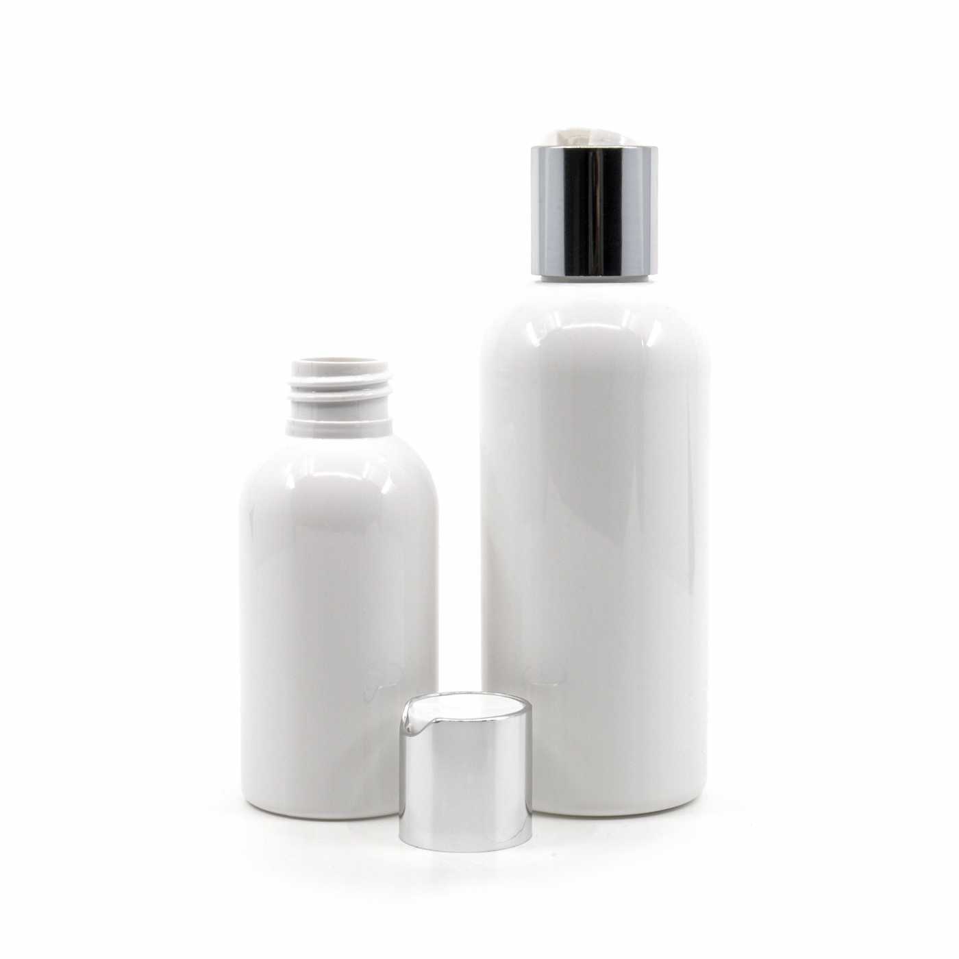 Bouteille en plastique blanche, bouchon flip-top argenté, 300 ml