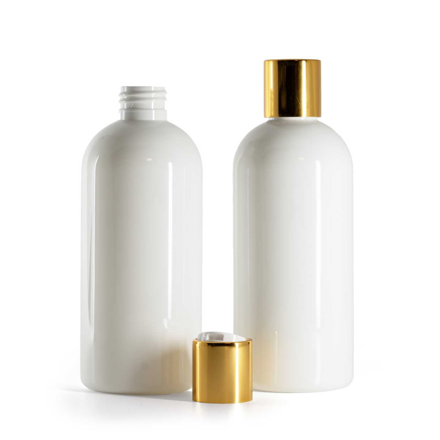 Bouteille en plastique blanche, bouchon disc-top doré avec centre blanc, 300 ml