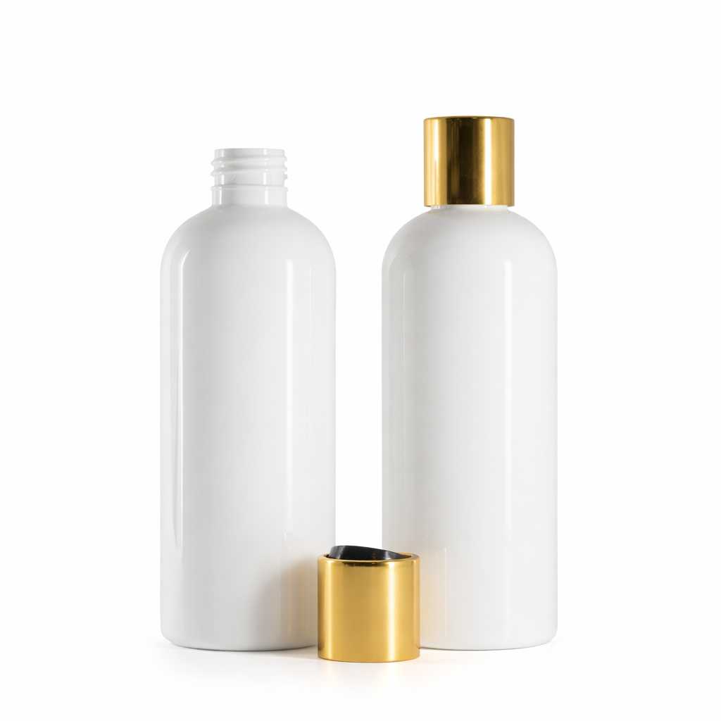 Bouteille en plastique blanche, bouchon disc-top en plastique noir avec collerette en aluminium doré
