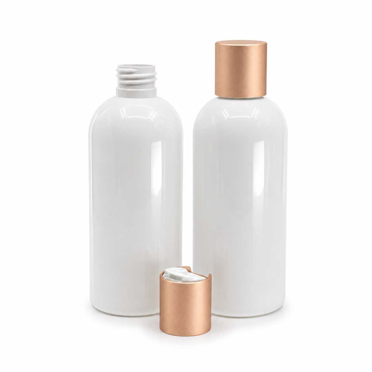 Flacon en plastique blanc, bouchon disc-top en plastique blanc avec collerette en aluminium rose gol