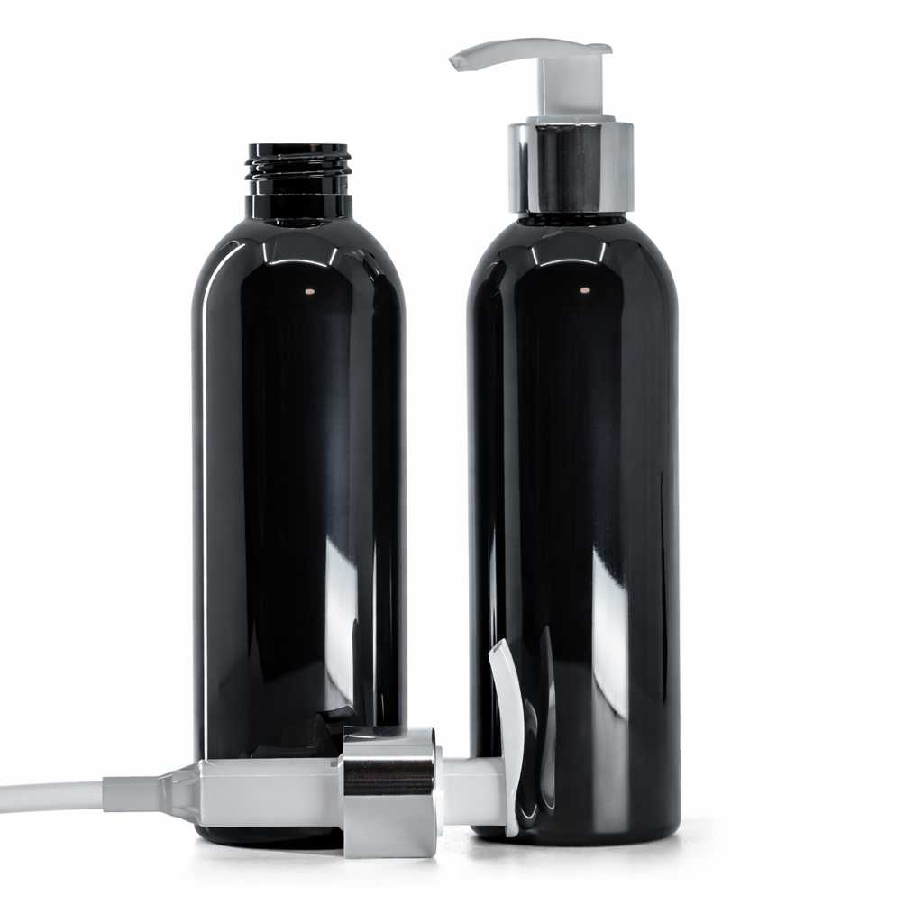 Bouteille en plastique noire brillante, pompe blanche avec bague argentée brillante, 200 ml