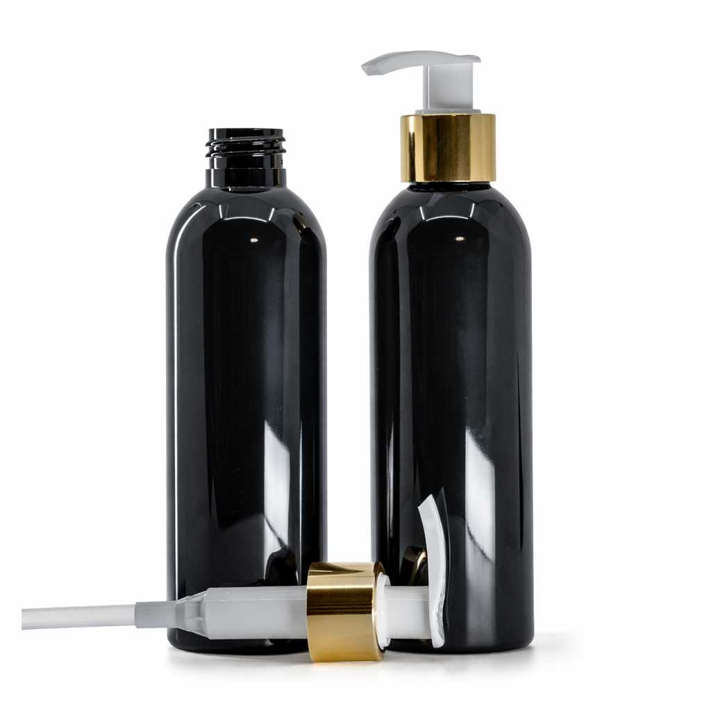 Butelka plastikowa, czarna błyszcząca, biało-złoty dozownik, 200 ml
