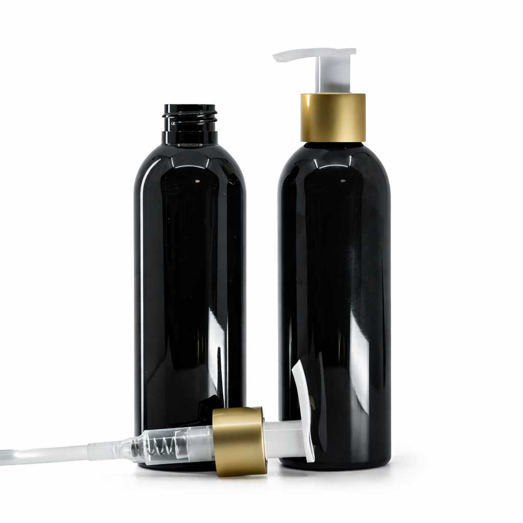 Plastová fľaša, čierna lesklá, bielo-zlatý matný dávkovač, 200 ml