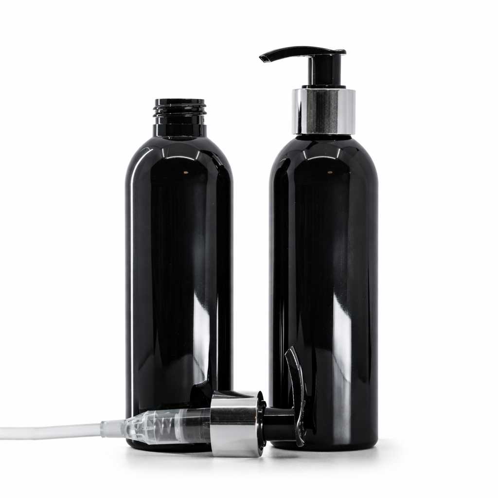 Plastová fľaša, čierna lesklá, čierno-strieborný dávkovač, 200 ml