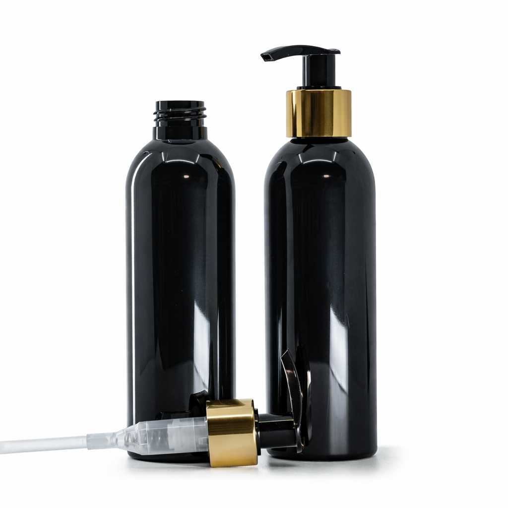 Plastová fľaša, čierna lesklá, plastový dávkovač zlatý, 200 ml