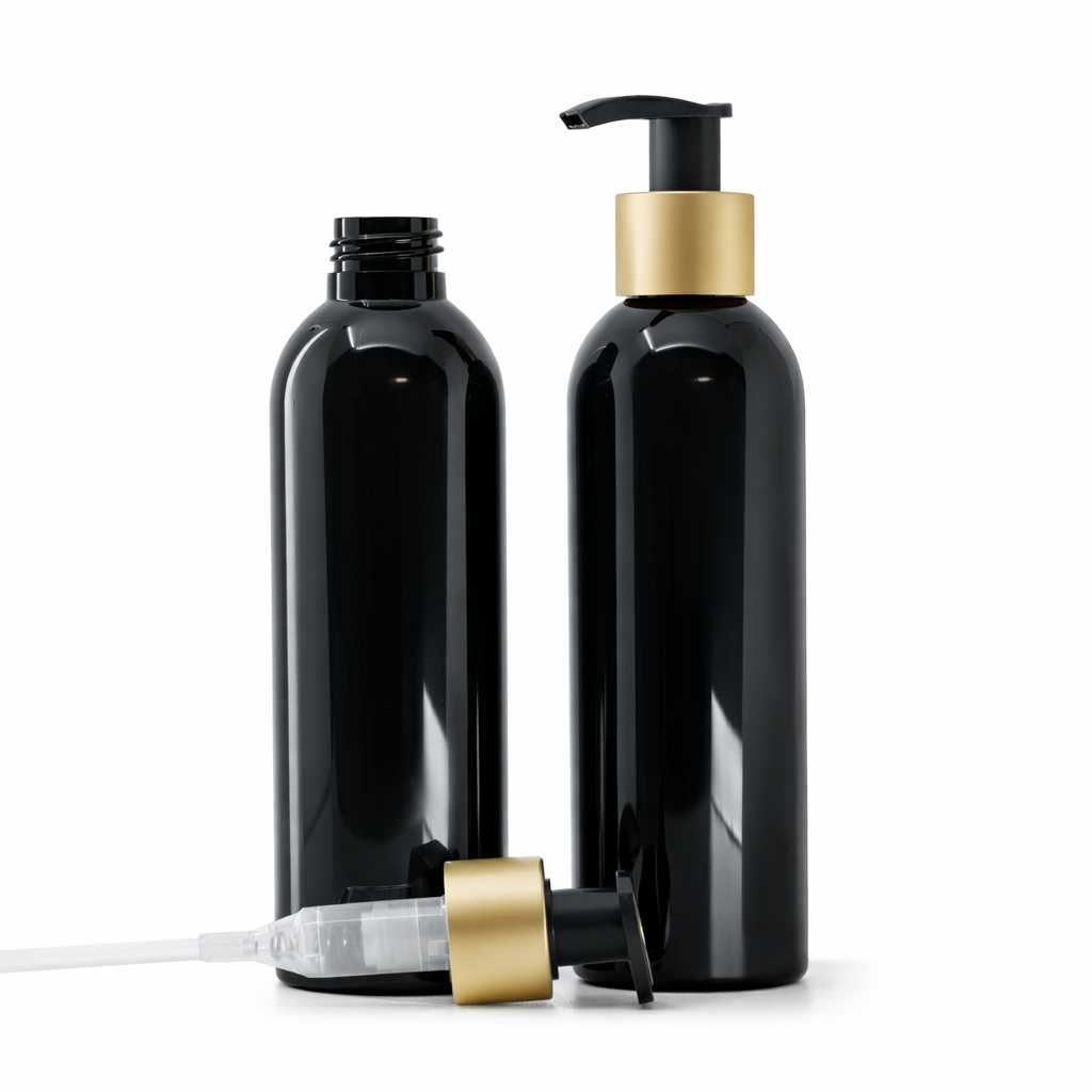Butelka plastikowa, czarna błyszcząca, czarno-złoty matowy dozownik, 200 ml