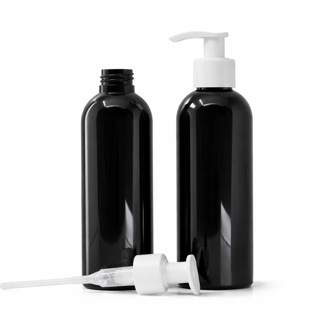 Flacon en plastique noir brillant, pompe blanche, 200 ml