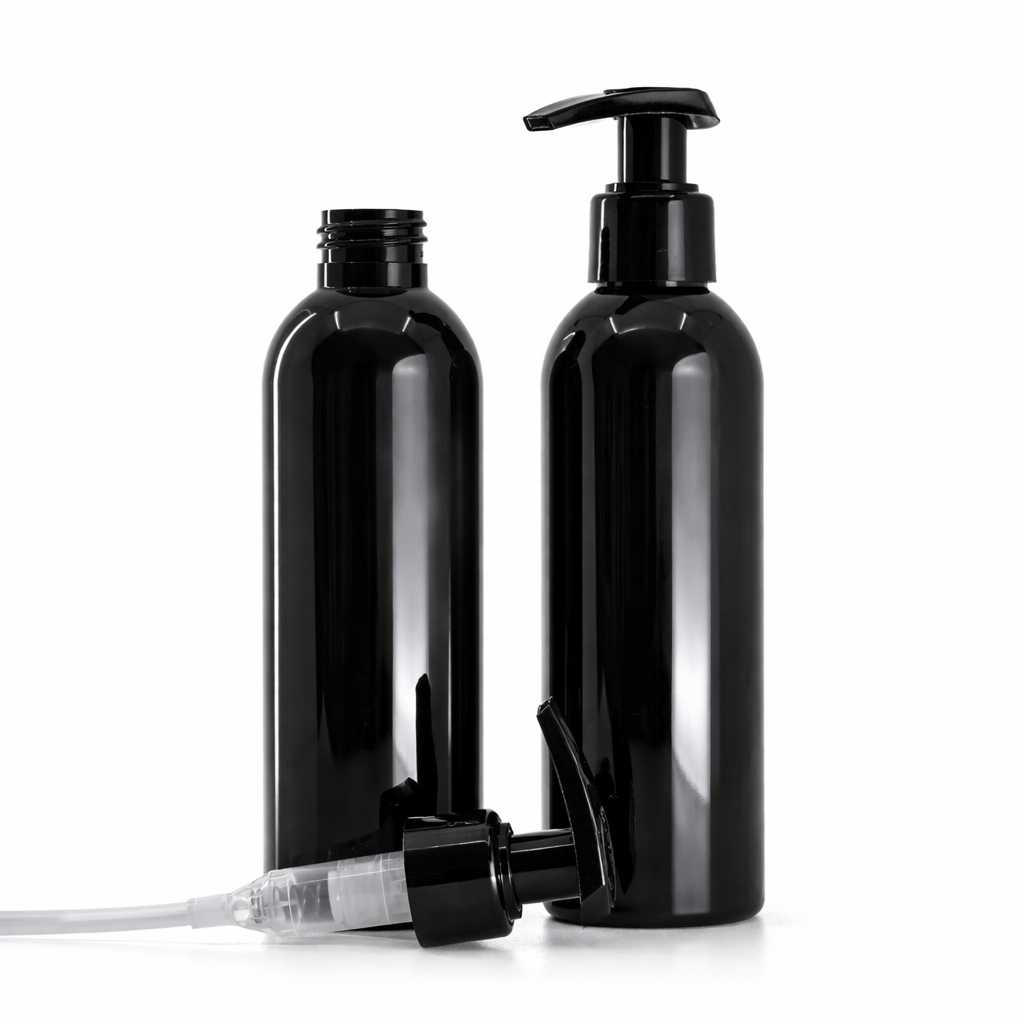 Plastová fľaša, čierna lesklá, čierny dávkovač, 200 ml