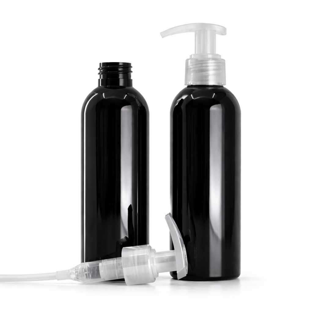 Butelka plastikowa, czarna błyszcząca, dozownik przezroczysty, 200 ml