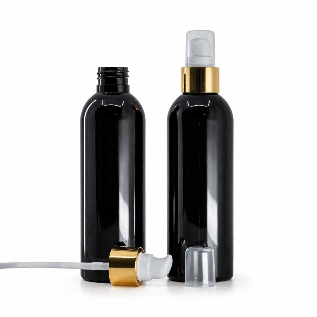 Butelka plastikowa, czarna błyszcząca, dozownik z kapturkiem, biało-złoty, 200 ml