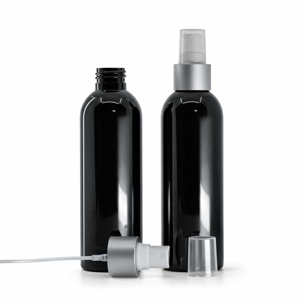 Butelka plastikowa, czarna błyszcząca, biały atomizer, srebrna matowa obręcz, 200 ml
