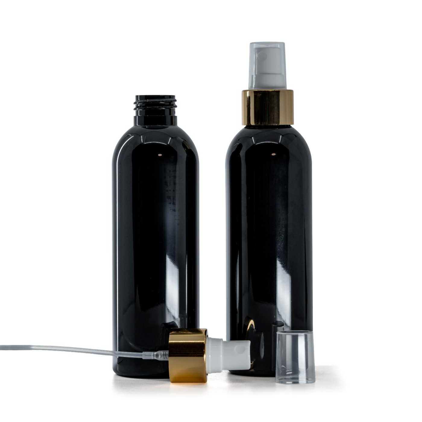 Flacon en plastique noir brillant, spray brume fine blanc, collerette dorée brillante, 200 ml