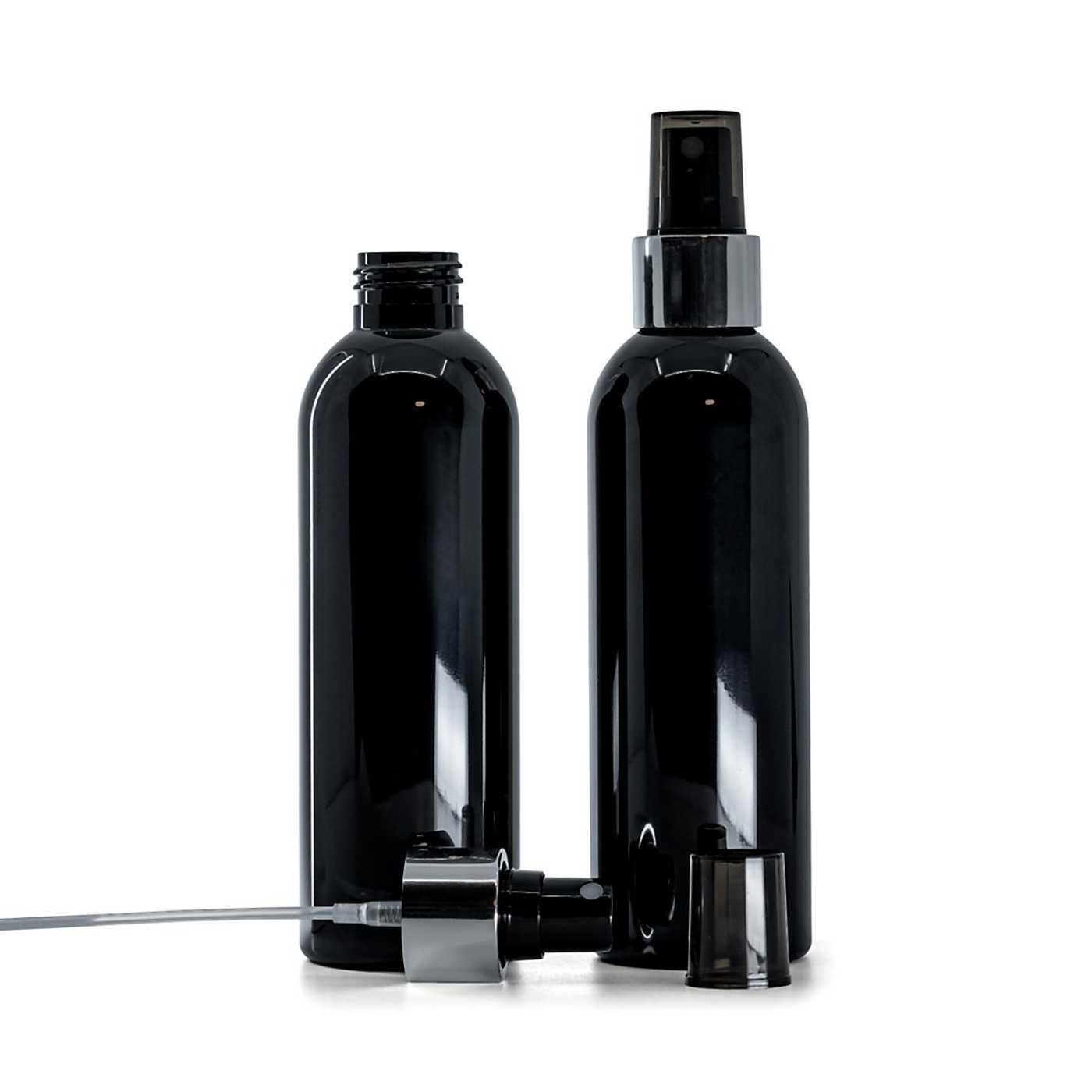 Butelka plastikowa, czarna błyszcząca, atomizer czarny, srebrna błyszcząca obręcz, 200 ml