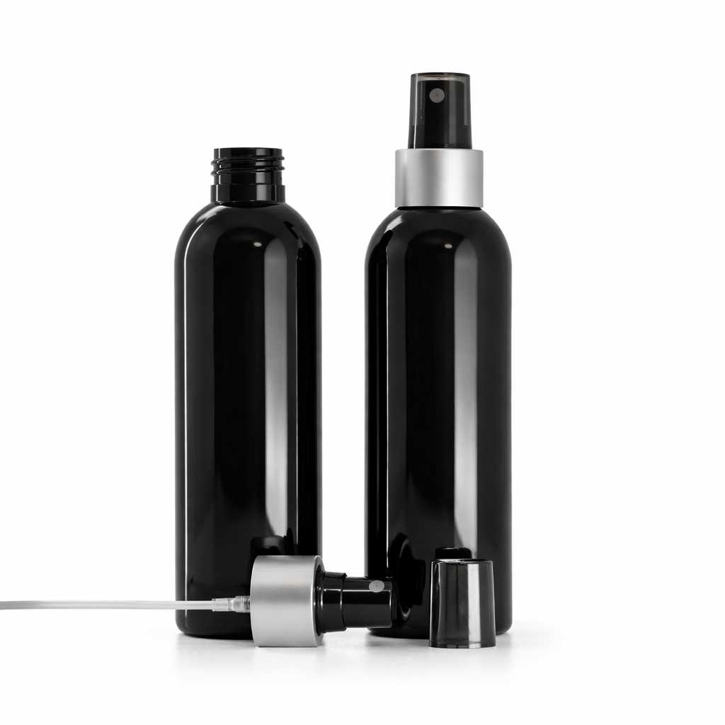 Plastová fľaša, čierna lesklá, rozprašovač čierny, strieborná matná obruč, 200 ml