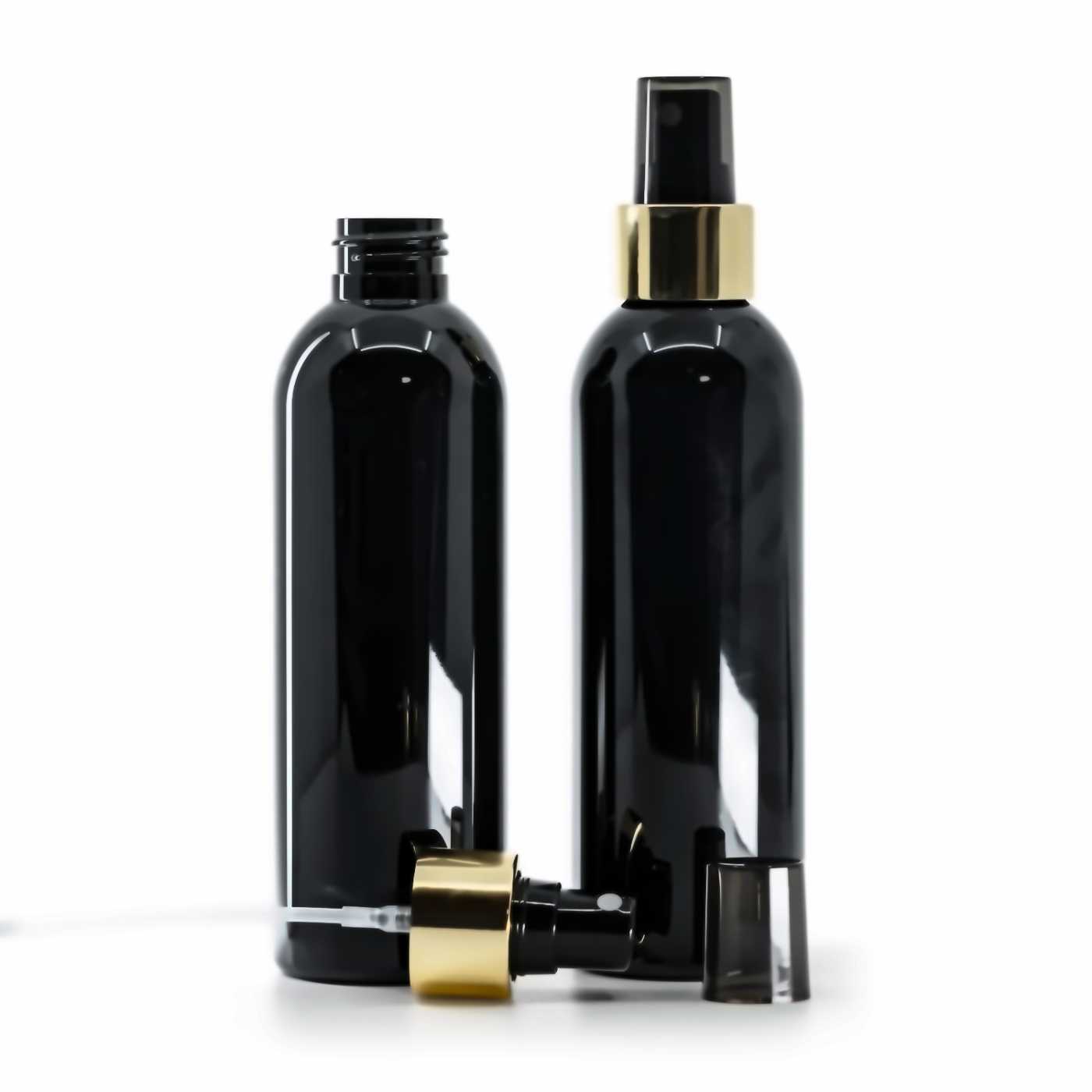 Butelka plastikowa, czarna błyszcząca, czarny atomizer, złota błyszcząca obręcz, 200 ml