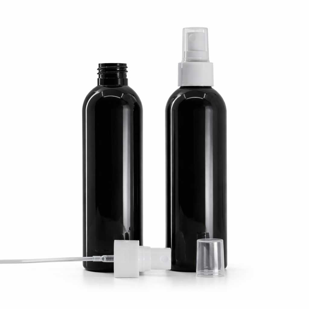 Plastová fľaša, čierna lesklá, biely rozprašovač, 200 ml
